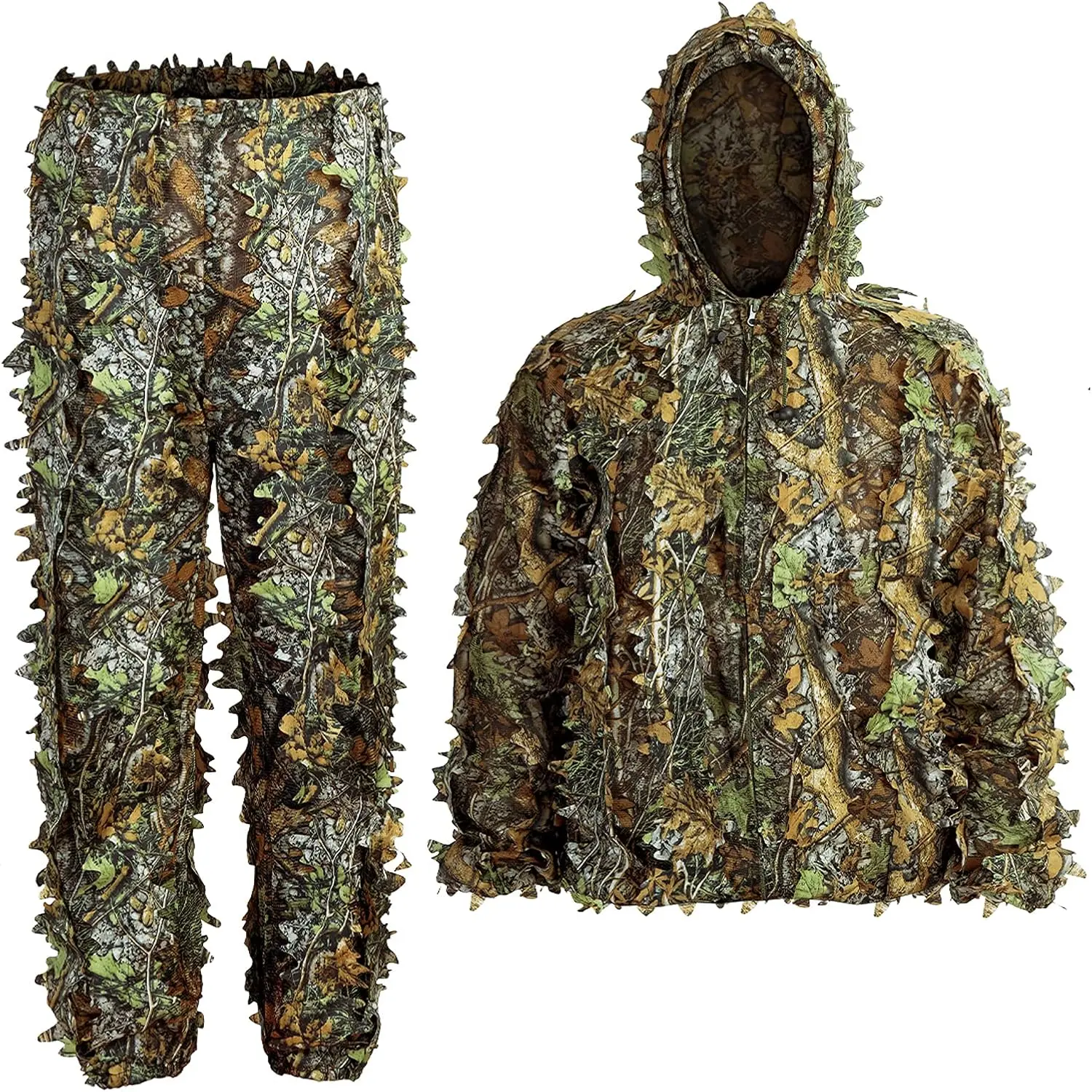 Unisex 3D Leaf Pattern Full Length Ghillie Suit, Polyester Camouflage Hunting Clothing for Concealing, Turkey Hunting & Camping Essentials, Tactical Gear for Airsoft Paintball Outdoor Activities, Polyester Clothes