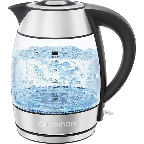 Chefman 1.8L 1500W Borosilicate Glass Electric Kettle - Hot Water Boiler with Removable Lid, Auto Shut Off, Boil-Dry Protection, Stainless Steel Filter, BPA-Free Design for Easy Cleaning