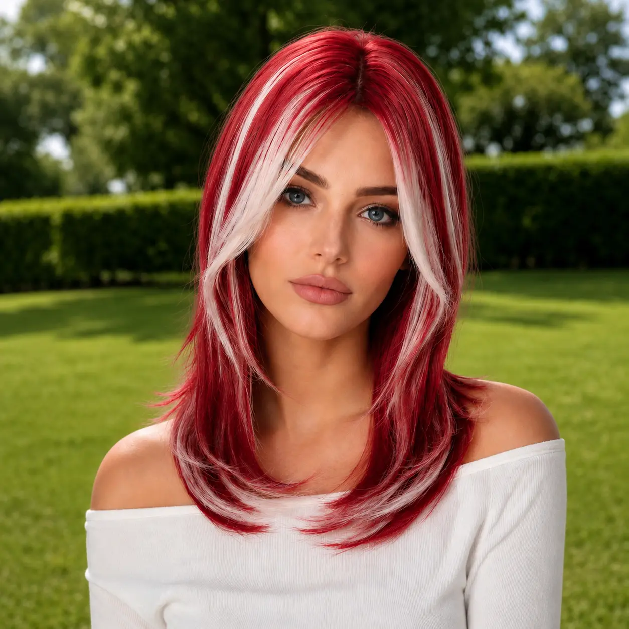 SMILCO  16 Inches  Burgundy Red Highlight Synthetic Wig, Medium Layered Wig with Platinum Blonde Face-Framing Highlights, Glueless Natural-Looking Scalp, Fluffy Flipped Ends, Full Machine Cap, Adjustable Breathable Cap, Soft Fashion Wig for Women SM629