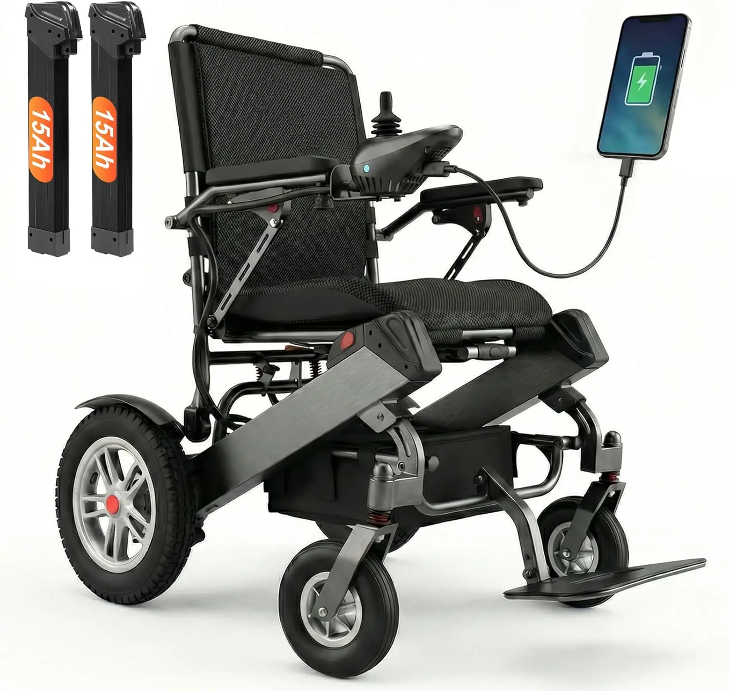 Tivaro-EW5001 Foldable Lightweight All-Terrain Adult Electric Wheelchair - 40-mi Range, 2 Removable 15Ah Batteries, Comfortable Wheels, Suitable for Seniors & Adults, Outdoors Use, Black