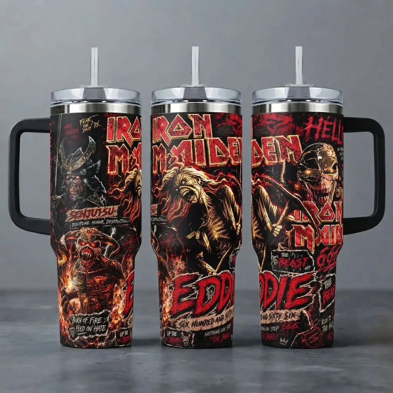Iron Maiden Eddie Red Edition Tumbler, 20oz & 40oz Insulated Travel Mug with Handle & Straw, Senjutsu & The Number of the Beast Heavy Metal Art Cup, Rock Band Fan Merchandise