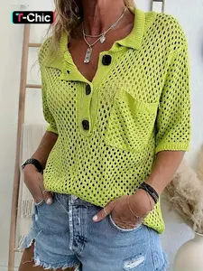 Cool Comfortable Hollow Out Design Polo Knit Short Sleeve Casual Fit Chic Elegant Unique Summer New Pocket T-Shirt Breathable Knitted Top Casual Womenswear