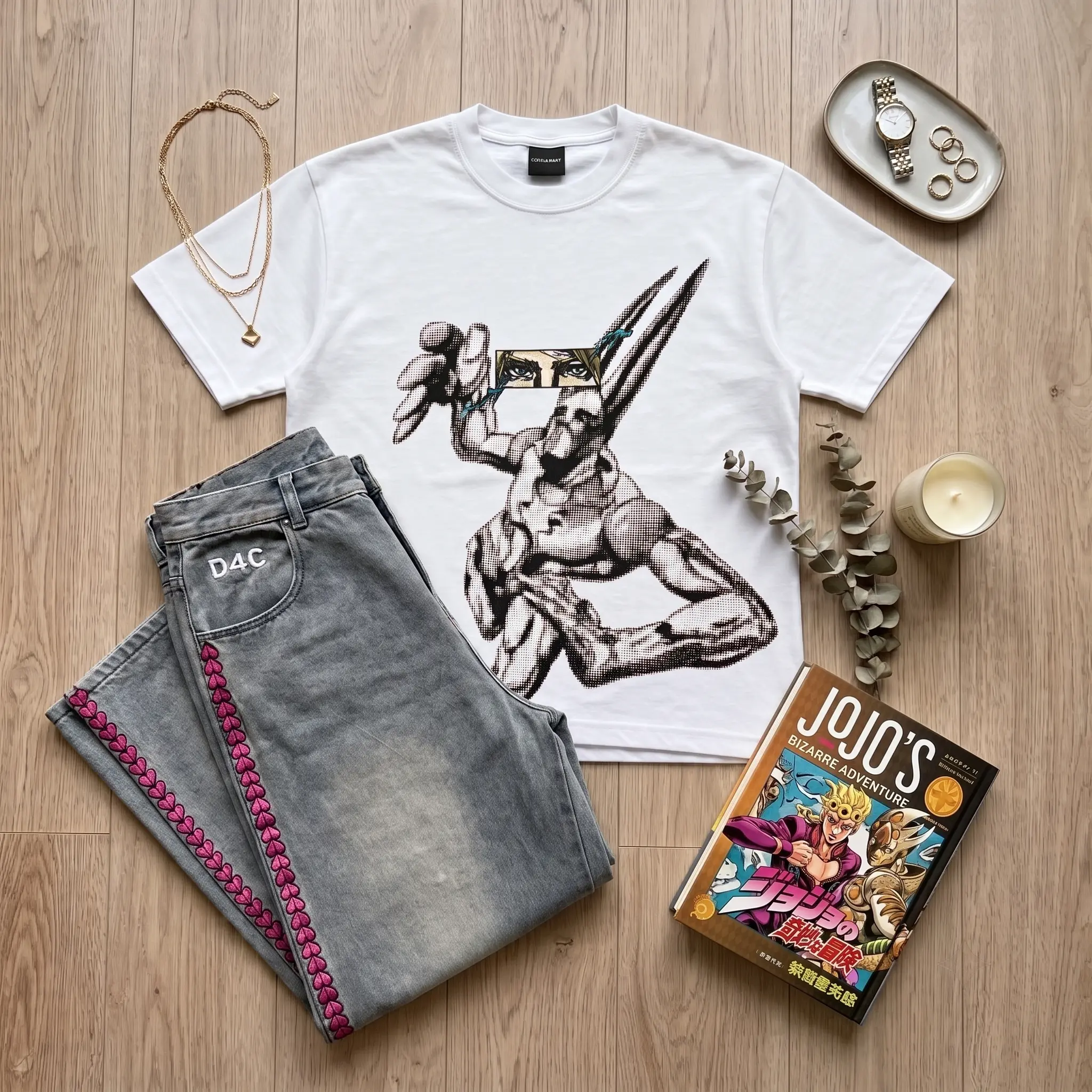 JOJO D4C Anime 2-Piece Set,Anime Tee&Jeans,Anime JoJo's Bizarre Adventure Jeans,Men Casual Street Fashion Style,Anime Fan Men's Basic Minimalist Set,Anime Fan Gifts