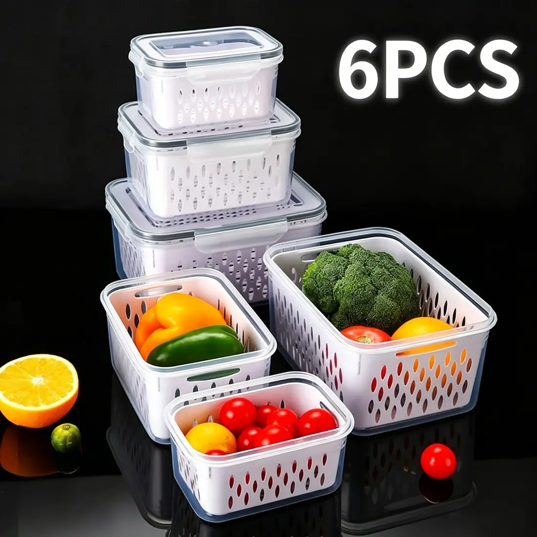 6 Pack Fruit Storage Containers for Fridge with Removable Colander, Airtight Food Storage Container, Dishwasher Safe Produce Saver for Refrigerator, Keep Berry Fruit Fresh Longer, BPA-Free Food Storage Container