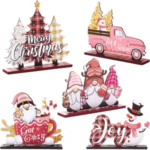 5-Piece Christmas Table Decor Set, Wooden Xmas Centerpiece Signs, Joy Snowman Gnomes Designs, Perfect for Winter Holidays