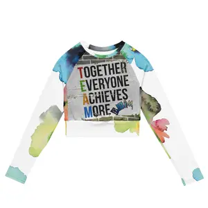 Authentic PHIM™ “Together Everyone Achieves More” Women’s Long Sleeve Crop Top – Motivational Teamwork Statement Shirt