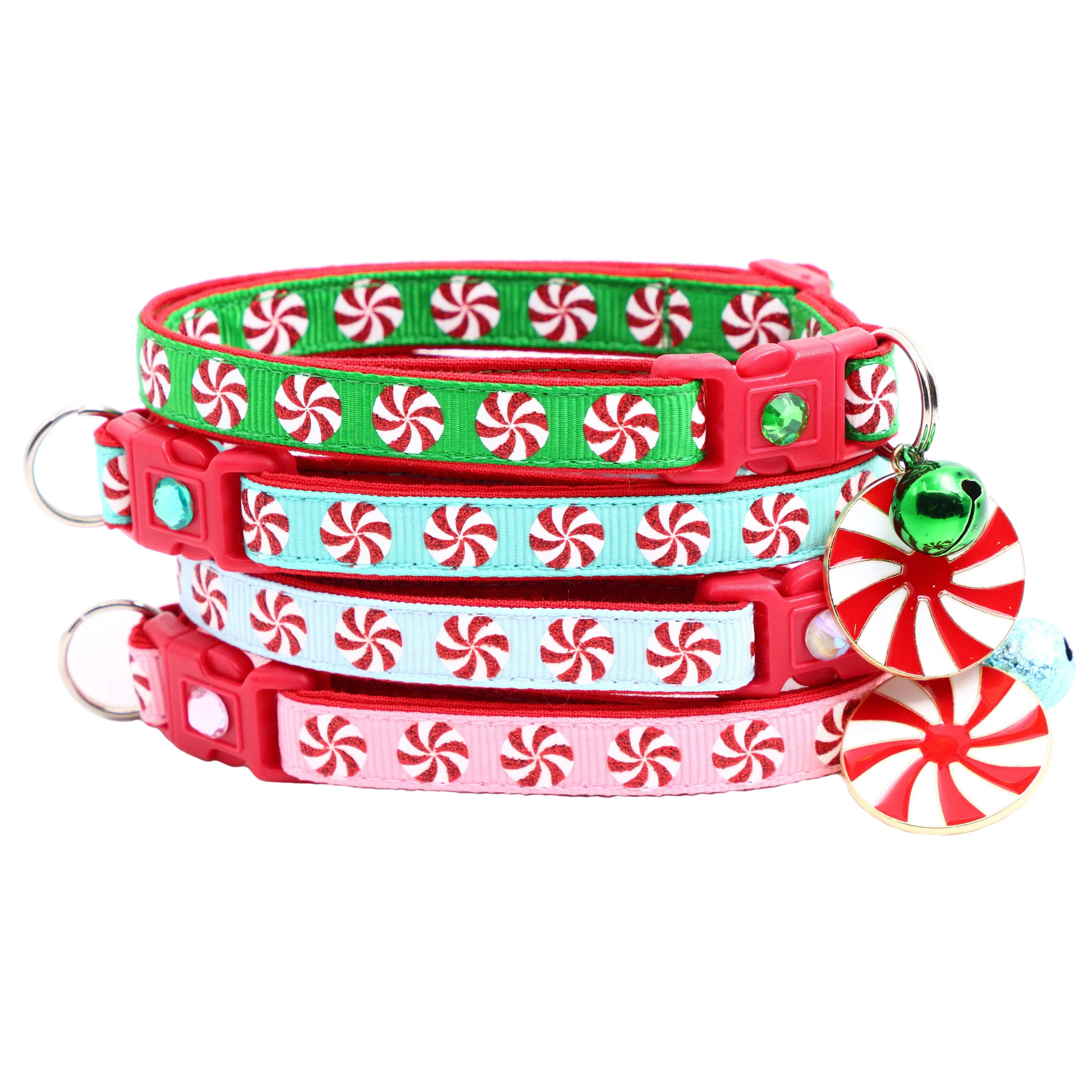 Christmas Peppermints Safety Handmade Cat Collar with Matching Jingle Bell & Charm Winter Candy Mint Holiday