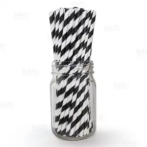BarConic® Disposable Eco-Friendly Paper Straws - 7.75" Black & White Stripe Beverage Utensils, Packs of 100
