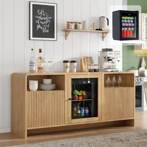 AMERLIFE 60" All-in-One Coffee Bar Cabinet with Refrigerator(Refrigerator Included), Storage Cabinet with Waveform Fluted Door, Hidden Refrigerator for Kitchen, Dining Room, Living Room,