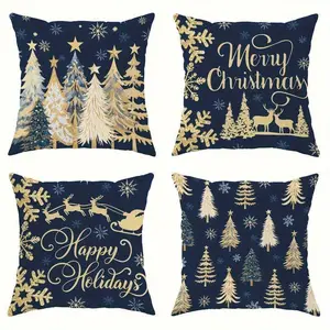 4pcs, Festive Christmas Decorative Pillow Covers, Navy Blue & Golden, Snowflake, Reindeer, Christmas Tree Designs, Ideal for Sofa, Living Room, Outdoor Decor, Single Sided Printing, No Pillow Core