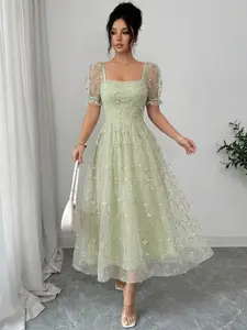 Elegant Short Sleeve Long Dress, Mesh Embroidered Country Style, Vacation Wear, 8030 Model, Perfect for Relaxing Days
