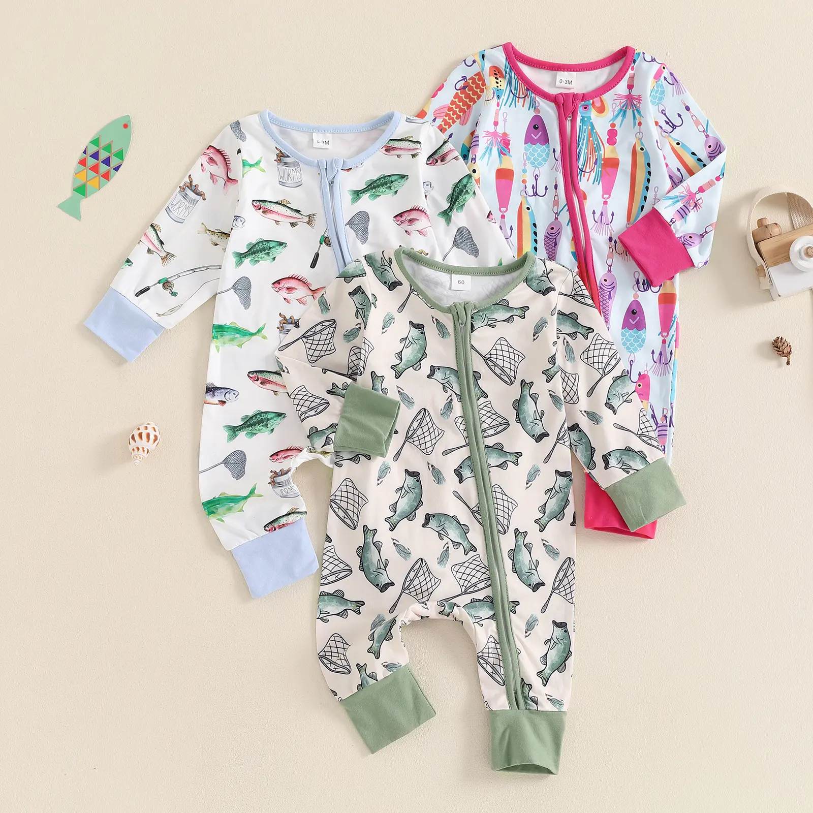 Newborn Outfits, Long-Sleeve Zipper Fish-Print Romper Jumpsuit for Baby Boys & Girls, Infant Coming Home Bodysuit Clothing