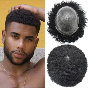 Full Poly Skin Afro Toupee for Black Men Real Human Hair Kinky Curly African American Coily Wavy Hair Units Wigs 6-inch Short Hair 120% Density 8"x10" Customizable Base