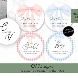 Bow Pink Blue Baby Shower Favor Stickers, 100pcs, 1.5", 2", or 3" round