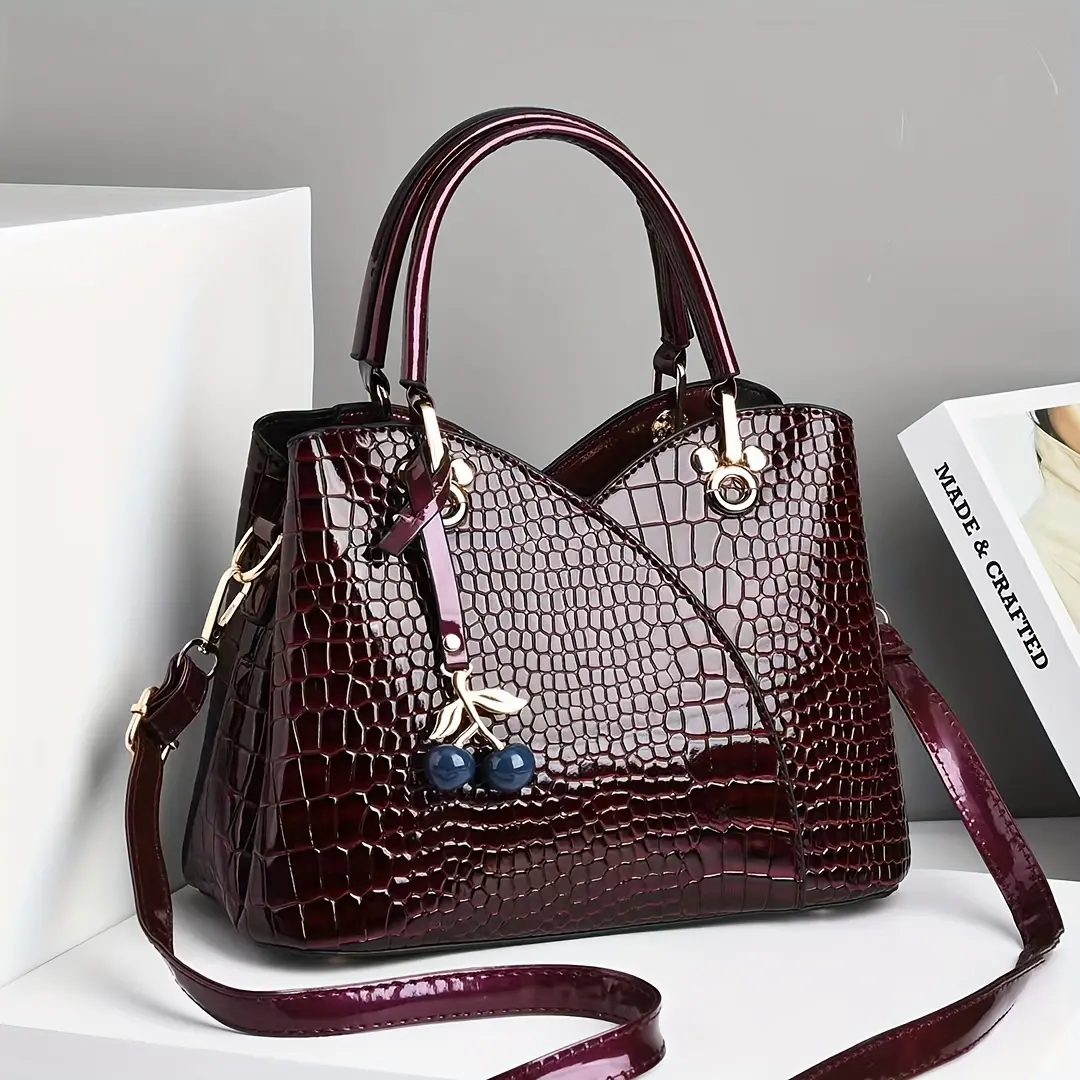2022 Newest Trendy Women's Faux Crocodile-Texture Handbag with Cherry Pendant - Stylish Black and Red Shoulder and Crossbody Bag, Zip Closure, Polyester Lining, Edge Paint Detail, Crossbody Bag|Chic Shoulder Bag|Zippered Bag