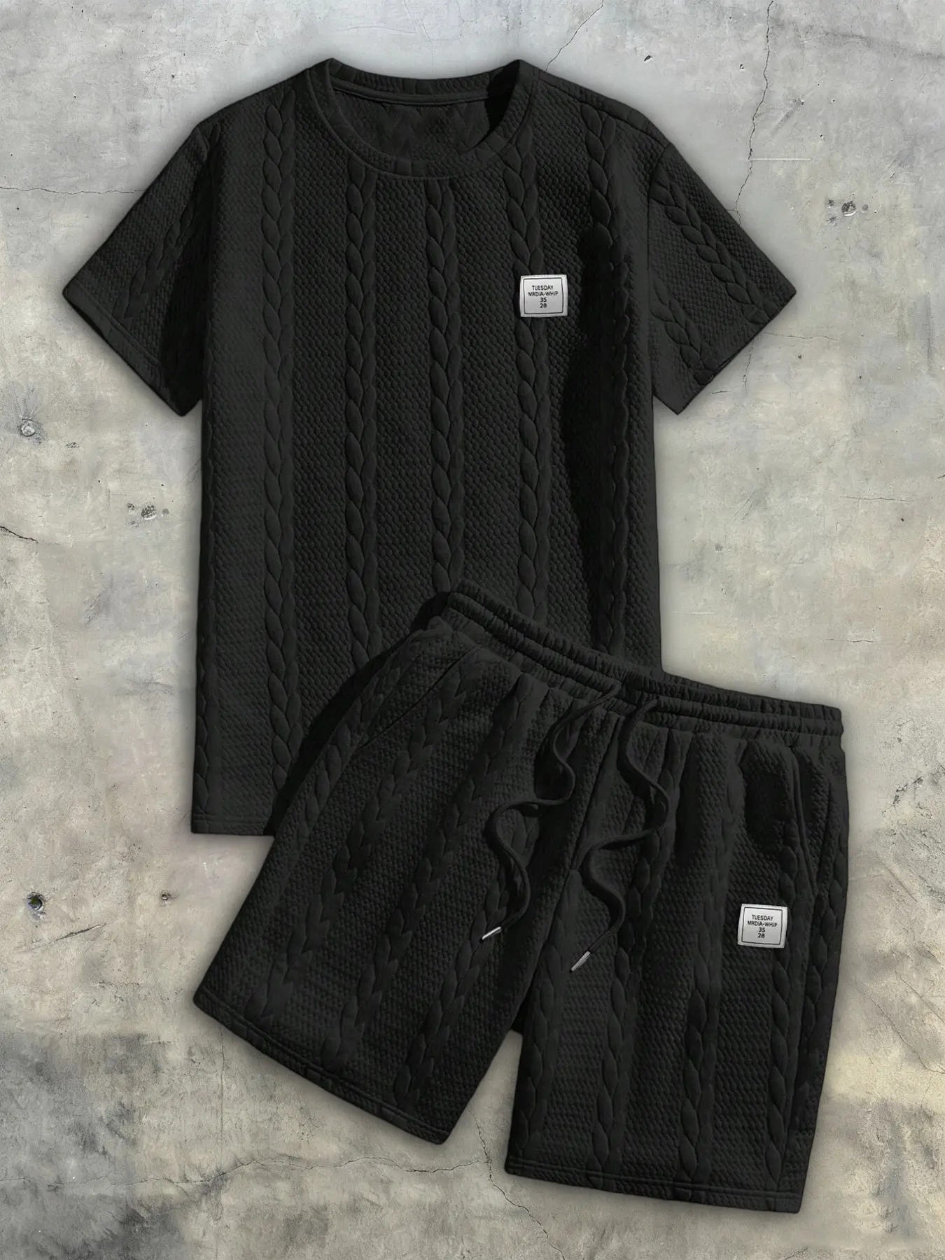 Men's Patch Design Bubble Twisted Stripe Jacquard Round Neck Short Sleeve Fitted T-Shirt and Elastic Waist Sport Casual Shorts Set