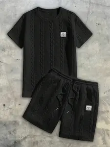 Men's Patch Design Bubble Twisted Stripe Jacquard Round Neck Short Sleeve Fitted T-Shirt and Elastic Waist Sport Casual Shorts Set