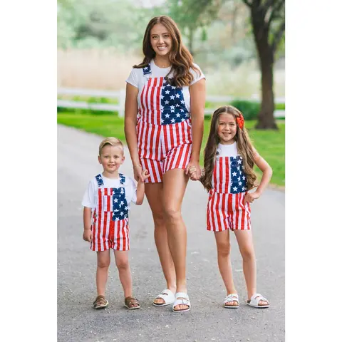 Sparkle In Pink Women's & Kids' 2-Piece Family Clothing Set - Denim Fabric Flag Print Stripes Cargo Pants Overalls with Adjustable Straps, Fitted Tailored Fit, Pockets