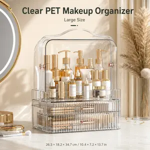 Large Dustproof Cosmetic Organizer with Drawers | Transparent PET Makeup Display Case for Desktop & Bathroom