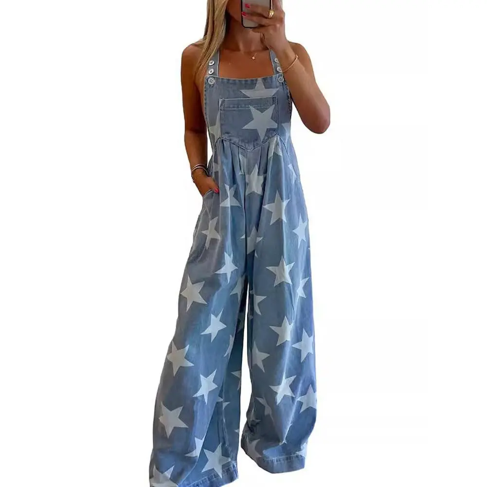 CHOUYATOU Women's Star-Print Denim Overalls, Casual Loose-Fit Wide-Leg Jumpsuit with Adjustable Straps and Pockets, Fashion, Style, Strappy, Everyday, Fashion Apparel