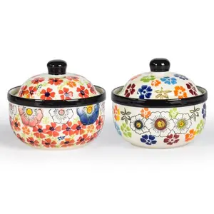 CABILON 2Pk 12.85oz Ceramic StewPots, Hand Painted Flower Ramekins,Multi-Purpose Kitchen Sugar Bowls &Spice Jars for Nest, Soup, Dessert,Oven/Dishwasher Safe (BloomingGarden + Floral Shadow)