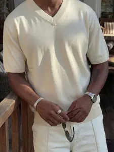 Men's V-Neck Short Sleeve Sweater, Loose Fit Casual Knit Top, Geometric Pattern, Comfortable Sportswear for Spring Summer