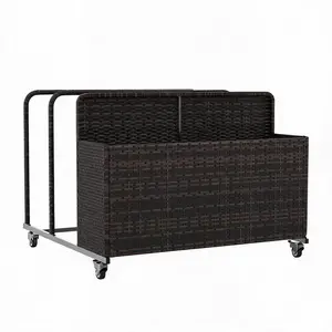 Outdoor Pool Storage Organizer, Rolling Wicker Rattan Pool Caddy & Toy Storage Basket for Poolside, Patio & Deck, All-Weather PE Rattan Pool Caddy with Wheels, 2 Open Compartments