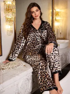 Mother's Day Gift Plus Size Leopard Print Button-Up Flannel Lounge Set with Pocketed Long Sleeve and Pants