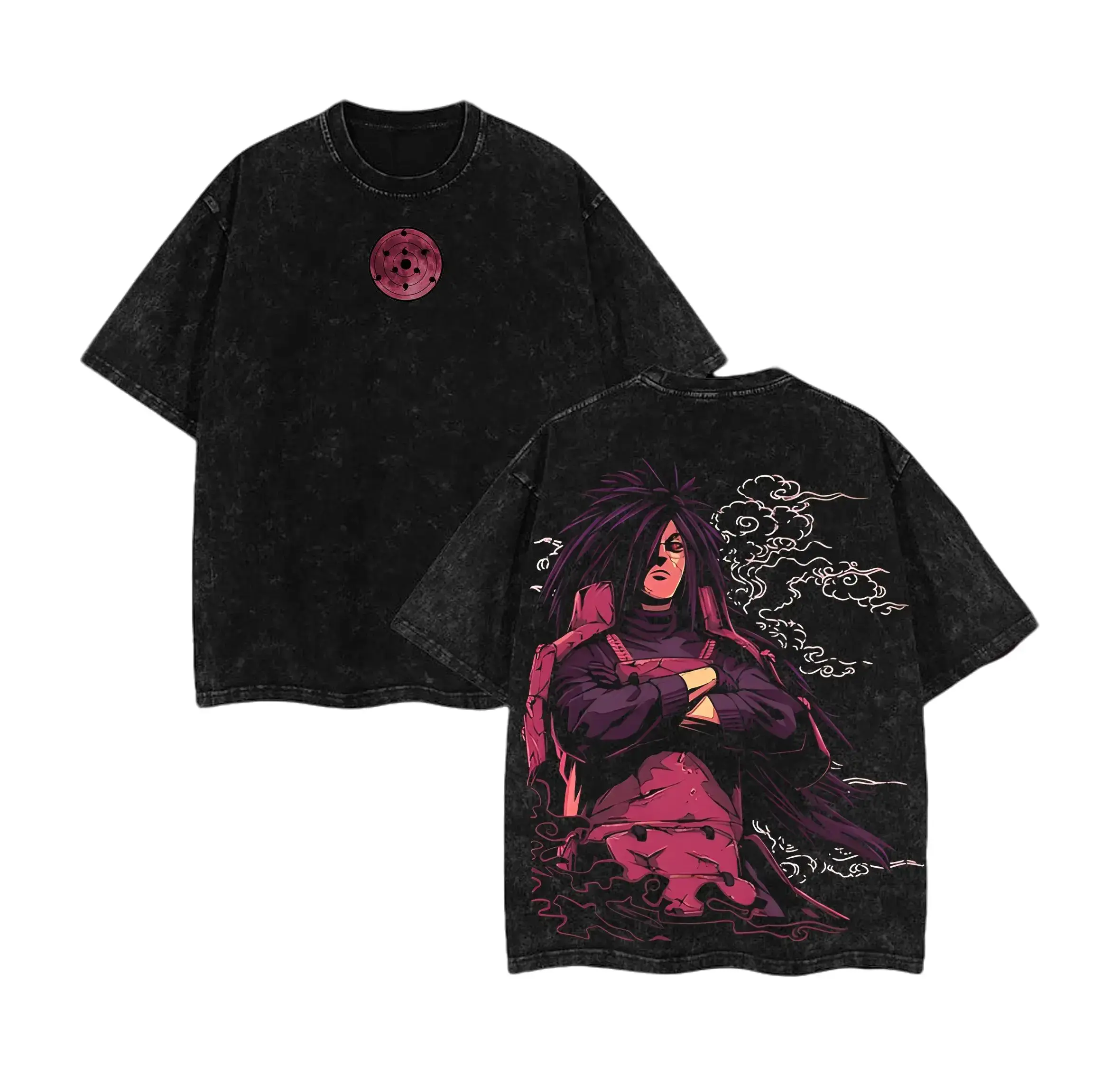 Vintage Washed Anime Graphic Tee Heavyweight Cotton Oversized Streetwear Shirt for Men & Women. Madara Double Printed Retro Y2K Manga Top Pop Culture Otaku Casual Outfit Hypebeast Summer Fall Apparel Perfect Trendy Gamer Top Gifts Must-Have Clothing.