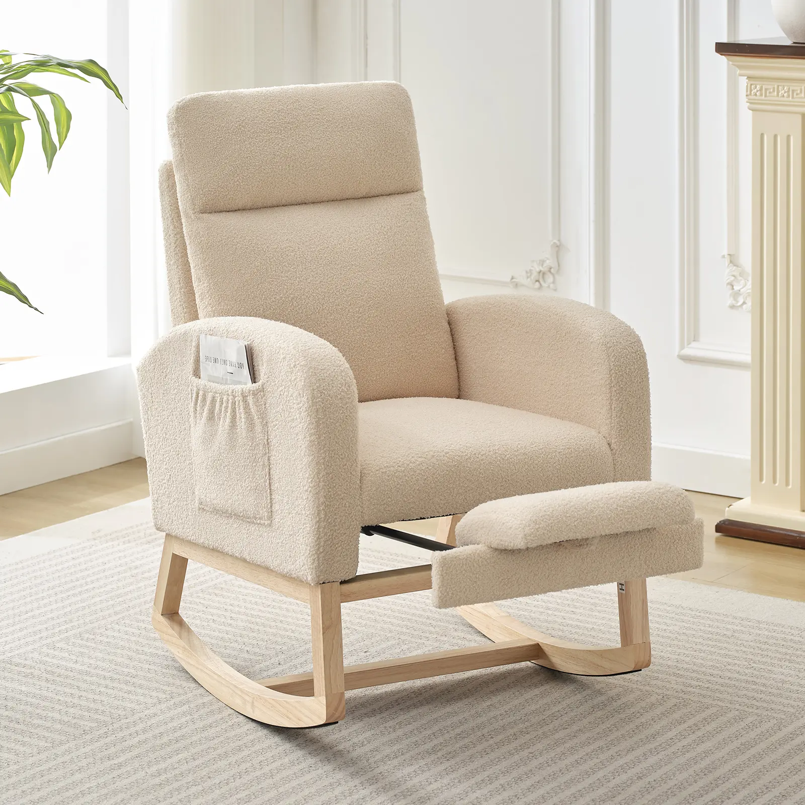 Teddy Fleece Nursery Rocking Chair, Upholstered Glider with 26" High Backrest, Padded Seat, Modern 300 Lbs Weight Capacity Accent Recliner for Living Room, Bedroom, Reading