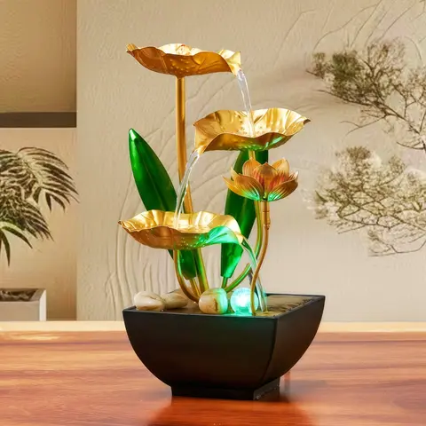 USB Mini Indoor Fountain Humidifier with Colorful LED Lights, Zen Tabletop Waterfall Decor, Golden Lotus Leaf Metal Crafts, Soothing Sound, Home Water Feature for Bedroom Living Room Office Desk