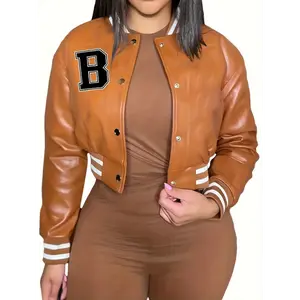 Plus Size Street Style Jacket, Women's Plus Letter Print Faux Leather Long Sleeve Button Up Stand Collar Crop Bomber Jacket