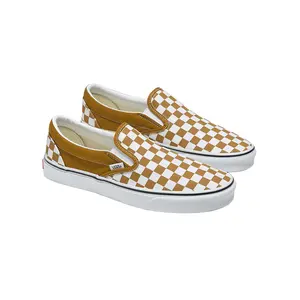 VANS Classic Slip-On Golden Brown Checkerboard Canvas Sneakers with Padded Collars & Rubber Waffle Outsoles