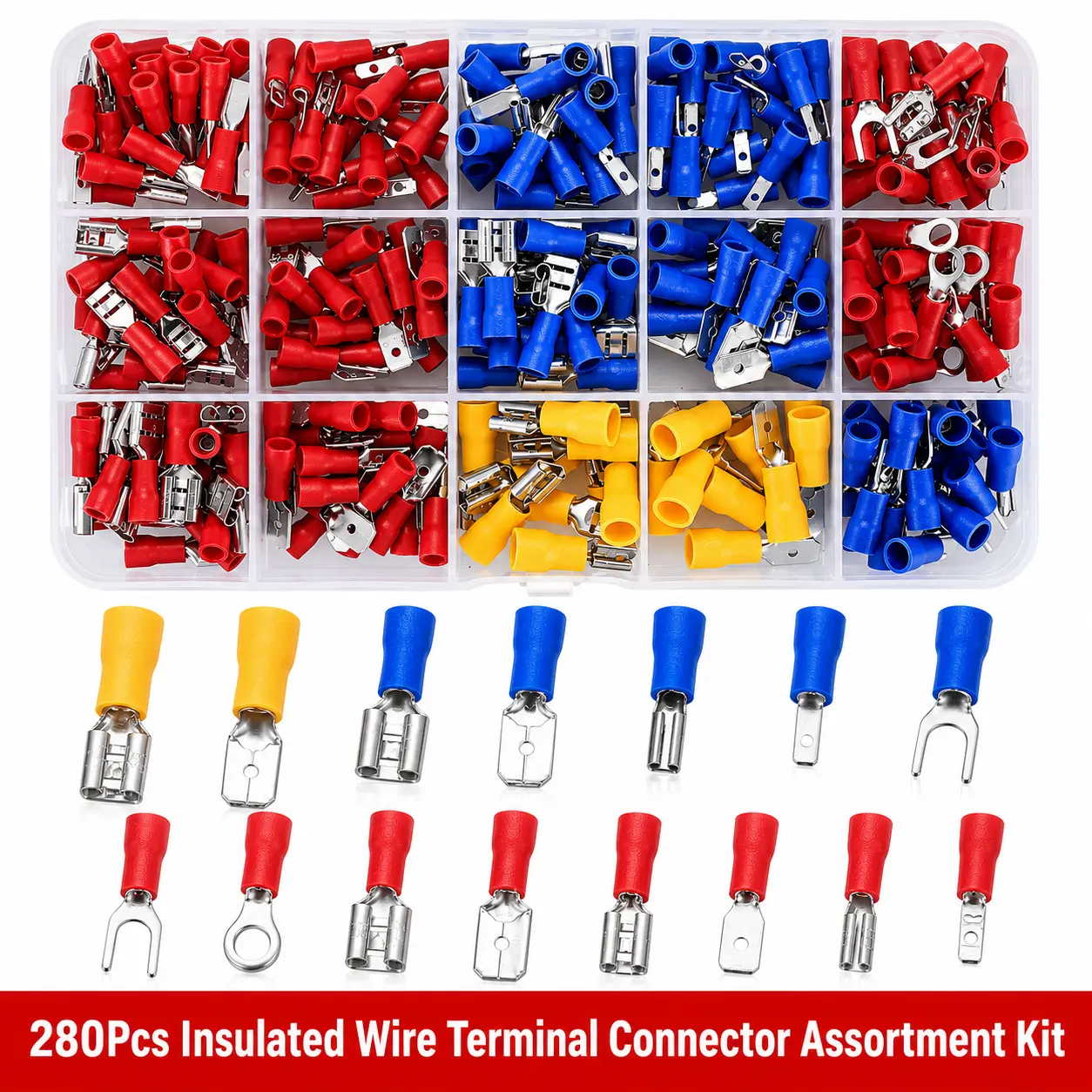 280-Piece Insulated Electrical Wire Terminal Connector Kit, 15 Sizes with Ring, Fork, Male/Female Quick Disconnect Crimp Terminals, Organizer Box for Automotive, DIY Wiring