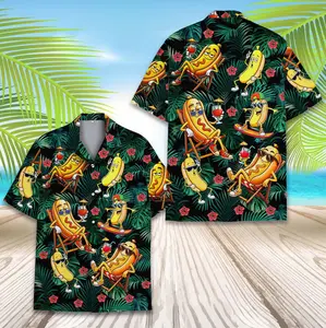 Funny Hot Dog Hawaiian Shirt for Men Women Youth, Food Summer Beach Shirt, Tropical BBQ Aloha Party Shirt Button Down Short Sleeve