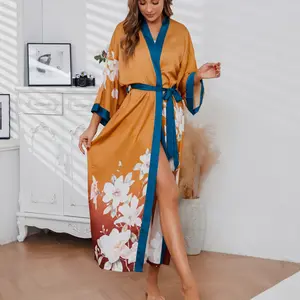 Women's Silk Floral Print Kimono makeup Robe, Comfort Nightwear Womenswear, Long Sleeve Bridal Bathrobe Night Gown for women