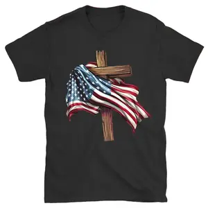 "Cross & USA Flag" Religious Patriotic Tee - Faith-Based Independence Day Top，"American Flag Wrapped Cross" Black Graphic T-Shirt - Patriotic Christian Men's Tee