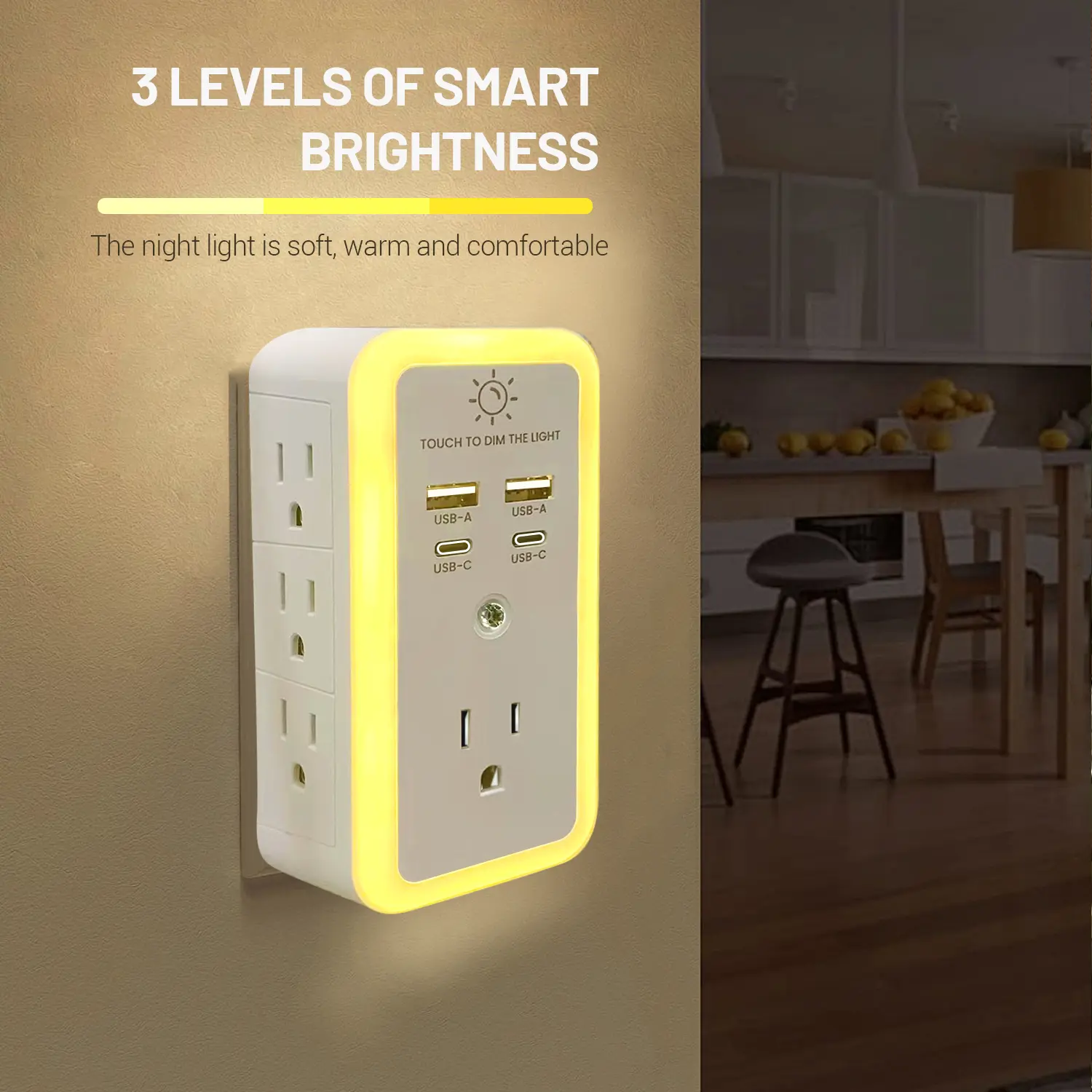 BEJUVG Multifunctional Power Strip - 7 AC Sockets, 4 USB Charging Ports (2 Type-C), 3-Speed Adjustable Ambient Lighting, 3-Sided Cord Design for Separate Lighting, Ideal for Homes Offices, Plug-and-Play Holiday Gift