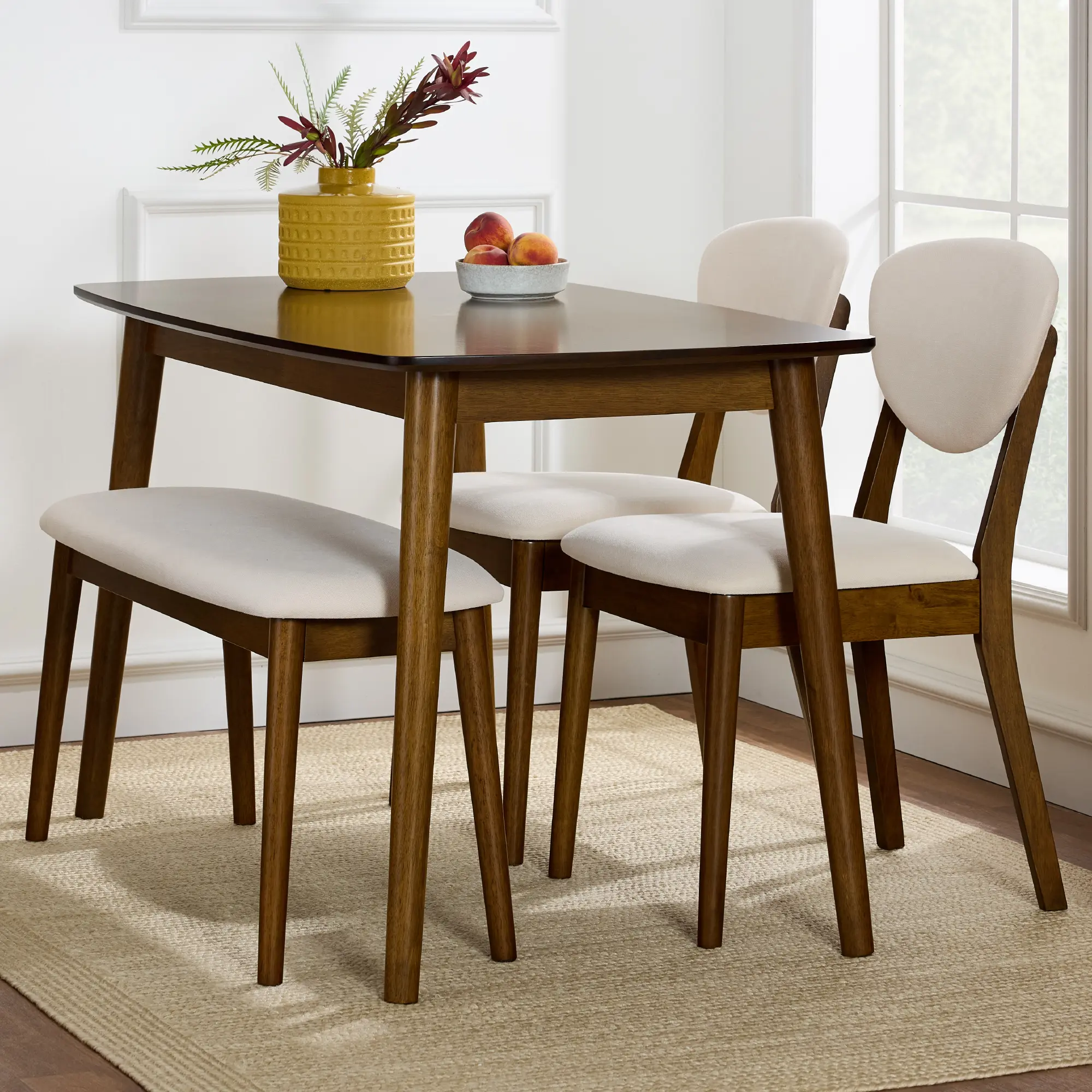 Best Choice Products 4-Piece Mid-Century Modern Upholstered Wooden Dining Set w/ 2 Chairs, Bench - Walnut/Cream Best Choice Products 4-Piece Mid-Century Modern Upholstered Wooden Dining Set w/ 2 Chairs, Bench - Walnut/Cream