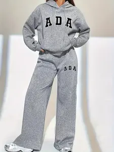 Fashionable Two-Piece Set for Tween Girls with Ada Letter Print Hoodie and Simple Straight Pants, Comfortable Casual Streetwear for Spring & Fall