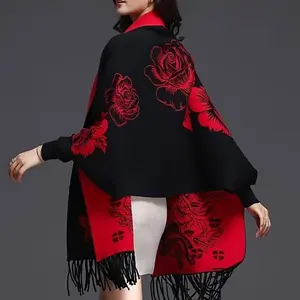 Women’s autumn–winter thick warm shawl coat, wearable dual-use design; retro cheongsam-style cloak coat with sleeves