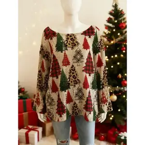 Women's Christmas Tree Print Knit Top, Long Sleeve V Neck Hollow Out Design, Casual Elegant Holiday Wear, Ladies Sweater Vest, Knitwear