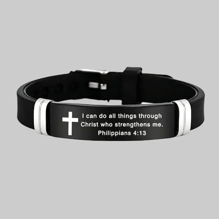 Inspirational Bible Verse Cross Bracelet | Christian Faith Silicone ID Wristband | Stainless Steel & Rubber Adjustable Religious Bracelet for Men & Women | Perfect Religious Gift