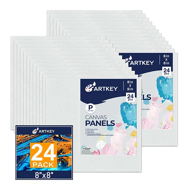Canvas Panels 8x8 Inch 24-Pack, 10 oz Primed 100% Cotton White Blank Small Canvases for Painting, Square Flat Canvas Board for Oil Acrylics Watercolor & Tempera Paints