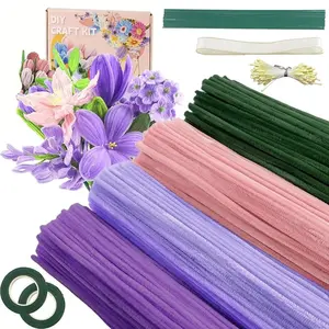 400pcs/set DIY Floral Pipe Cleaner Craft Kit, 4 Mixed-Color Furry Stems for DIY Artificial Rose Flower Making, Includes Floral Wire, Tape, Stamens and Ribbon, Ideal for Birthdays, Weddings, Graduations and Other Occasions