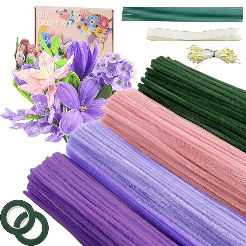 400pcs/set DIY Floral Pipe Cleaner Craft Kit, 4 Mixed-Color Furry Stems for DIY Flower Making, Includes Floral Wire, Tape, Stamens and Ribbon, Ideal for Birthdays, Weddings, Graduations and Other Occasions