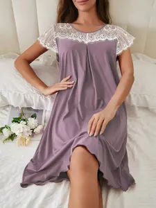 Summer & Spring Limited Edition Women's Sleep Dress, Round Neck Lace Trim Solid Color Elegant Comfortable Wear-Home Dress