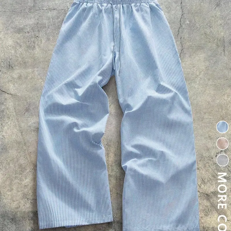 Unisex Blue & White Striped Oversized Wide-Leg Pants, Casual Elastic-Waist Trousers for Summer Beach Streetwear, Loose-Fit Comfortable Bottoms for Gen Z Minimalist Lovers Streetwear Enthusiasts & Student Fashionistas, Stretchy Casual Pants