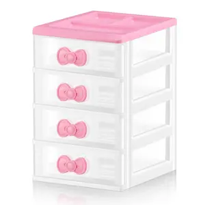 Pink Receiving Storage Cabinets Kawaii Makeup Organizer with 4 Layers Cute Storage Cabinet Box with Bow Handle Plastic Desktop Storage Box for Home Bedroom Bathroom Women Gifts(Clear) - Home Improvement.