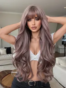 30 Inch Long Curly Synthetic Wig with Bangs, Women's Fashionable Hairpiece for Parties and Daily Wear, Elegant and Stylish Look, Synthetic Material Wigs